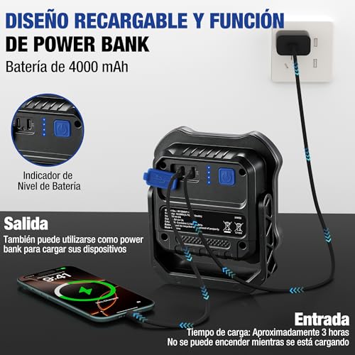 WORKPRO Rechargeable LED Spotlight with Magnets, 5 Modes, 180° Rotating Base, 2000LM Portable Work Light, with 4000mAh Battery for Camping, Garden, Fishing, Garage and Emergencies