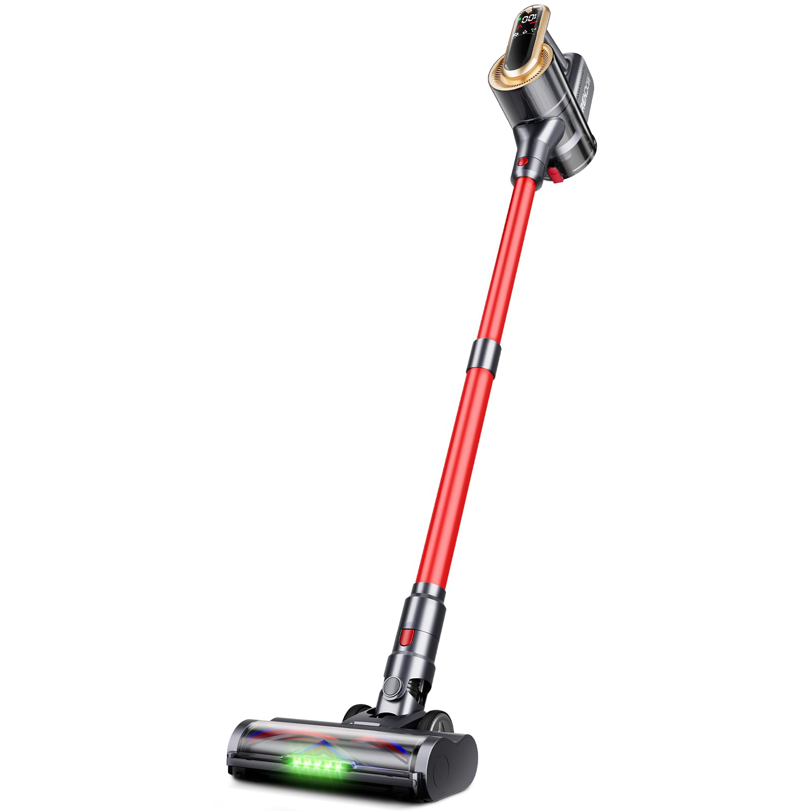 RENDOW Cordless Vacuum Cleaner, 550W 45Kpa 65Mins Stick Vacuum, Self-Standing Vacuum Cleaners for Home with Wall Dock, LED Display, Anti-Tangle Rechargeable Vacuum Cordless for Pet Hair/Carpet, RED