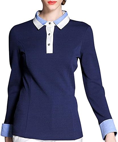 Scecent Women's Hit Color POLO Collar Long-Sleeved Cotton Shirt Dark Blue Small