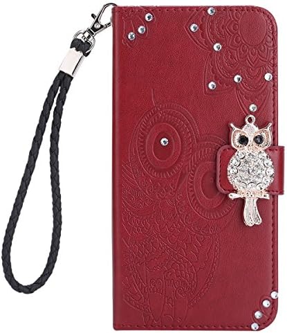 Jinghuash Flip Leather Case Compatible with Samsung Galaxy S9 Plus,Embossing Owl Pattern Design [Kickstand] [Card Slots] Luxury Bling Glitter PU Leather Wallet Cover for Samsung Galaxy S9 Plus,Maroon