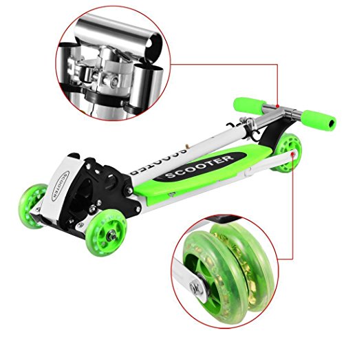 Fashine Kids 3 Wheel Foldable Kick Scooter, Height Adjustable / LED Flashing Wheel Kick Scooter for Children (3-12 Years Old) [US STOCK] (Green) - Thumbnail 2