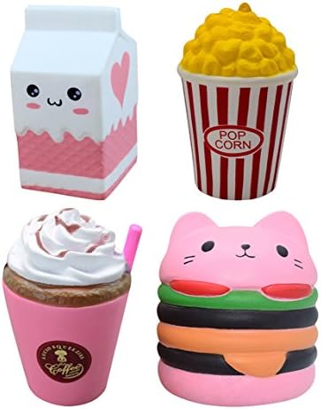 Slow Rising Squishies Jumbo 4 PCS Cat Hamburgers+Popcorn+Suction Cups+Milk Box Squishy Charms Kawaii Toys for Kids Children Stress Relief for Adults