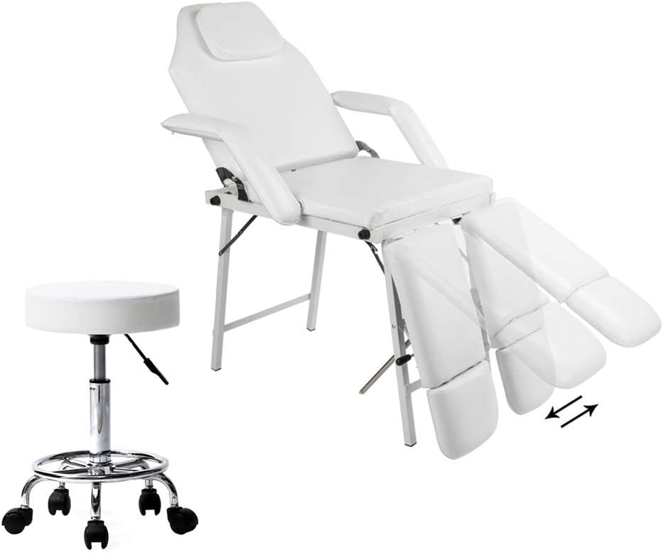 Kepooman Massage Table 72 inches Portable Massage Bed 3 Section Adjustable Split Leg Beauty Spa Bed Facial Salon Tattoo Chair with Round Stool,White