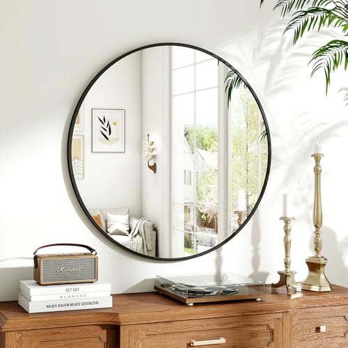 Koonmi runder Wandspiegel 70 cm, Metallrahmen, Schwarz