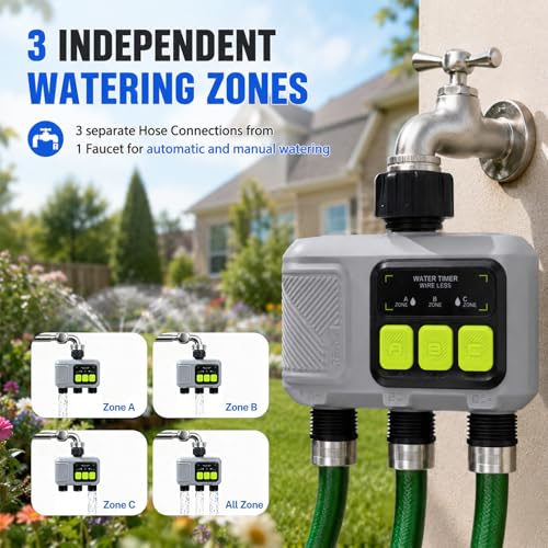 johgee Programador Riego WiFi 3 Salidas con tecnología RF 433, riego temporizado inteligente con APP, control por voz Alexa, 6 horarios de riego, temporizador de riego automático para jardín