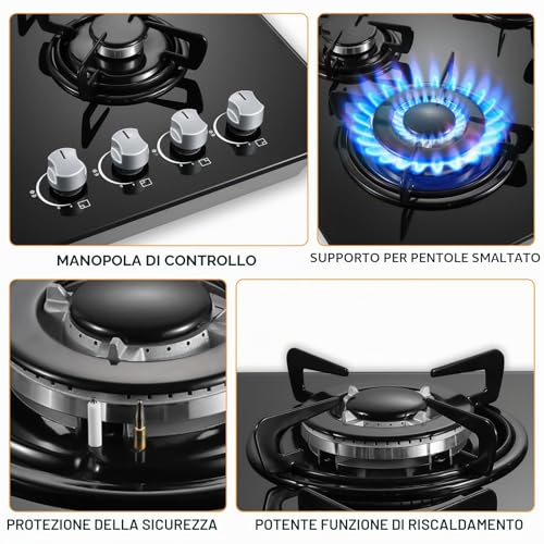 TopStrong 4 Burner Gas Hob, Built-in Glass Gas Hob, Flame-Out Protection, Natural Gas/Propane, 8060W, Black, 220-240V