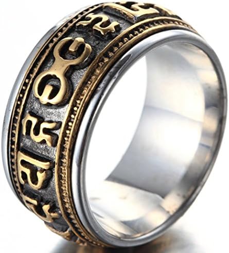 DDOLAA 10mm Black Siver Gold Stainles Steel Tibetan Buddha Six True Syllable Mantra "Om Mani Padme Hum" Spins Ring For Men's Rings Jewelry