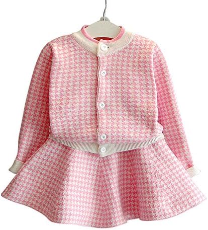 CRB Fashion Little Girls Toddler Party Cute Cardigan Skirt Suit Outfit (5 Years Old, Pink)