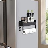 WHALEZZ Magnetic Spice Rack for Refrigerator, Magnetic Spice Organizer Rack with Paper Towel Holder Shelf for Small Kitchen Storage, Space Saver Container for Apartmen, Black
