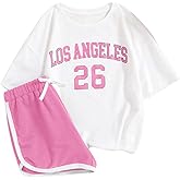 Floerns Girl's 2 Piece Outfits Graphic Print Drop Shoulder Tee & Contrast Binding Track Shorts Clothing Set
