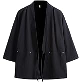 Haseil Men's Kimono Cardigan Japanese Jackets Casual Cotton 3/4 Sleeve Shirt Open Front Coat Lightweight Linen Outwear