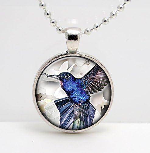 Blue Jewel Hummingbird Art Glass Pendant or Key Chain- 30 mm round- Chain Included- Made to Order