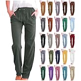 Womens Casual Cotton Linen Pants Lightweight Summer Relax Fit Elastic Waist Straight Leg Plus Size Solid Lounge Long Trousers
