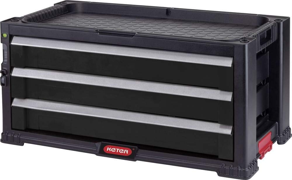 Keter 3-Drawer Expandable Trolley Module - Workshop Trolley for Small and Large Tools - Removable Swivel Wheels with Brakes - Central Locking - 56.2 x 29 x 26.2 cm - Black