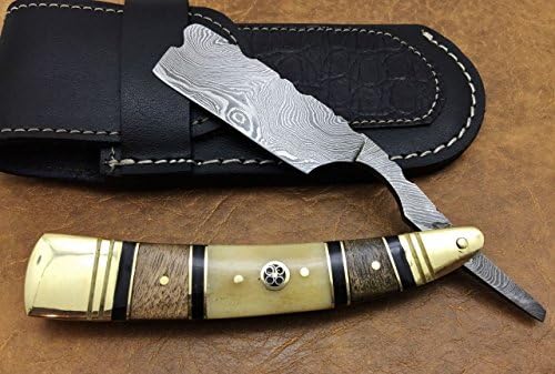 100% Handmade custom Damascus steel straight razor/shaving razor/special handle and leather sheath 05111