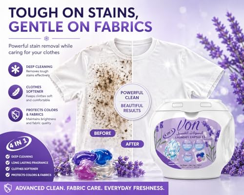 VON 4 in 1 Laundry Pods 35 Count Pack of 4 – 140 Pods Total | Powerful Laundry Detergent Liquid Capsules with Deep Clean, Stain Removal, Softener, Color Protection & Long Lasting Lavender Freshness