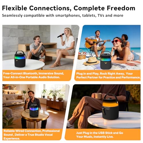 Karaoke Machine with 2 Wireless Microphones, 60W Portable Bluetooth Speaker with 360° Lights, Loud Bass, 12H Battery, Supports Bluetooth/USB/Aux/TV Connection, Ideal for Home Party&Outdoor Use