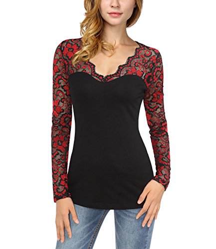 DJT Women's V-Neck Floral Lace Overlay Lined Long Sleeve Top Large Red