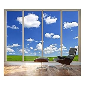 Wall26 - Large Wall Mural - Clear Sky and Green Meadow Seen Through Sliding Glass Doors | 3D Visual Effect Self-Adhesive Vinyl Wallpaper/Removable Modern Decorating Wall Art - 66"x96"