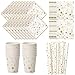 Vland Party Supplies by Gold Star pattern – Disposable Paper Dinnerware Set for 16 Guests – Fancy Design for Party and Celebration – 16 Plates, 16 Cups, 20 Napkins, and 20 Straws
