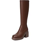 Easyfox Brown Stretchy Knee High Boots Women Square Toe Tall Brown Stretch Boots Chunky Heels Platform Boots Side Zipper Long Boots Size 6