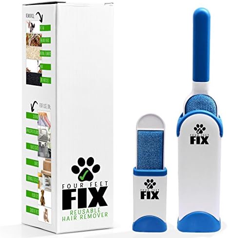 Four Feet FIX Pet Hair Remover - Dog and Cat Fur Lint Fuzz and Dust Collector - Effective on Upholstery Clothes and Fabric Car Seats - Removal Kit includes Giant Wand and Travel Brush - Reusable Tool