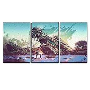 3 Piece Canvas Wall Art - Illustration - Spaceship Crashed on Blue Field,Illustration Painting - Modern Home Art Stretched and Framed Ready to Hang - 16"x24"x3 Panels