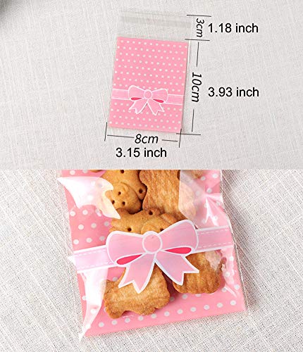 NUOMI 200Pcs Self Adhesive Cellophane Bags, Resealable Cookie Treat Bags for Gift Giving, 3.9"x3.1" Poly Bags Good for Bakery Candle Soap Candy, Pink&Green Polka Dots with Bow Decoration - Thumbnail 3