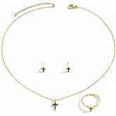 Zurlcdye Gold Cross Necklace Jewelry Set Dainty Necklaces Earrings Ring Chain Cross Charm Statement Birthday Faith Religious Christmas Jewelry Gifts