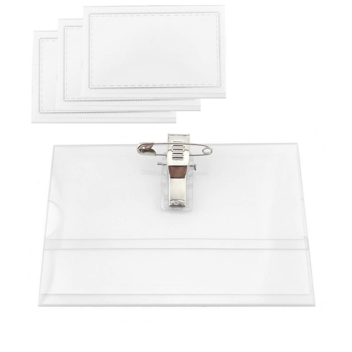 D.RECT Name Badges Set 50 Pieces - W 9 cm x H 5.8 cm Horizontal Name Labels - Transparent Waterproof Name Badges with Clip - ID Card Holder with Clip for Schools, Uni, Pack of 50