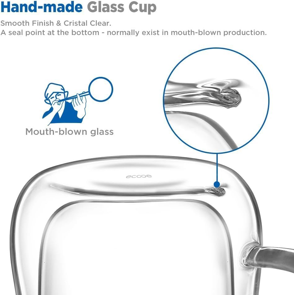 ecooe 2x350ml Double Walled Coffee Glasses Mugs Cappuccino Latte Macchiato Glasses Cups with Handle Borosilicate Heat Resistant Glass Cups for Coffee Tea Milk Juice Ice Cream