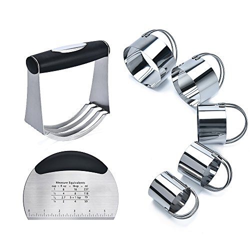 MASGALACC Pastry Scraper Biscuit Cutter Set (5 Pieces/Set) Stainless Steel Dough Blenders Round Cookie Cutter Set Multipurpose Scraper for Baking Pastry