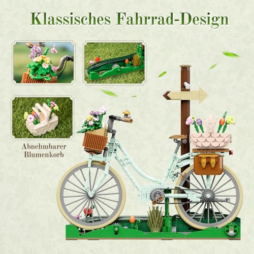 PANTASY Flower Bicycle Clamping Blocks Set, Vintage Decoration Model | Flower Bicycle Construction Set for Adults, Vintage Decoration Model with Flower Baskets, Picnic Scene, Puppy, Gift