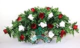 XL Red & White Roses Silk Flower Cemetery Tombstone Saddle Arrangement.
