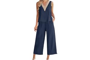 Aboser Linen Set for Women Summer 2 Piece Outfits Sleeveless Tank Crop Top Wide Leg Pants Lounge Matching Sets with Pockets