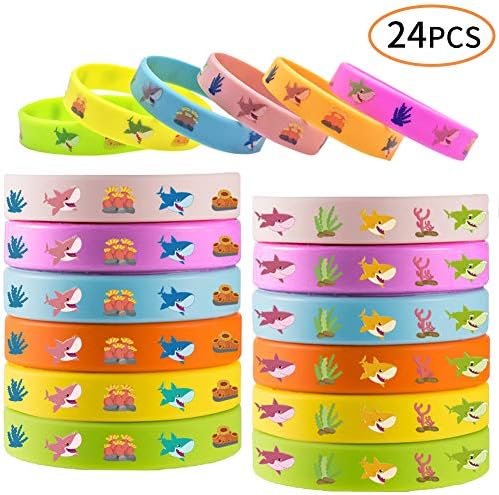 Yizeda 24pcs Cute Shark Silicone Wristbands Bracelets Baby Kids Birthday Party Supplies Favors Prize Rewards,Kids Shark Themed Birthday Decoration, Kids Size