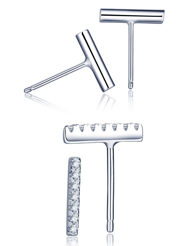 Yumilok Jewelry Women's Men's 925 Sterling Silver Cubic Zirconia 2 Pairs Simple Line Stick Studs Hypoallergenic Earrings Set