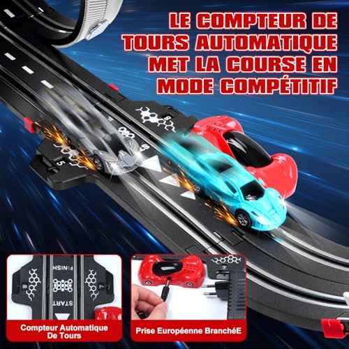 colmanda Circuit Voiture Electrique, Lumineuse Circuit Voiture Enfant 1:64 Piste De Course - 4 LED Voitures, 360° Cercle, Prise, Compteur de Tours, Piste Voiture Enfant 6-12 Ans Jouets Cadeau (L)
