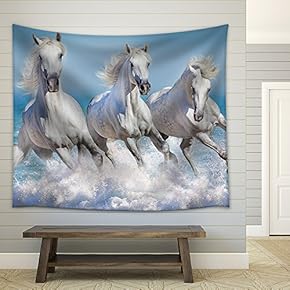 Horse Herd Run Gallop in Waves in The Ocean - Fabric Wall Tapestry Home Decor - 51x60 inches