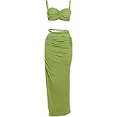 longlugoo Women's Two Piece Skirt Sets Summer Beach Sexy Ruched Backless Cami Top And Cut Out Skirt Night Out Dress