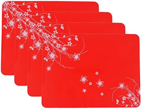 15.7"x11.8" New Silicone Decorative pattern Placemats, Flexible Non-Slip Silicone, Set of 4 (Red)