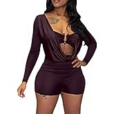 Elyndra Women’s Sexy Long Sleeve Romper,Bodycon One Piece Jumpsuit with Draped Deep V Neck,Going Out Club Outfit