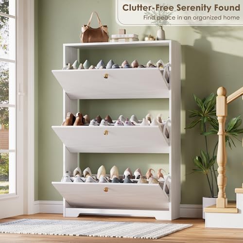 Nicetree Shoe Cabinet with 3 Flip Drawers, Narrow Shoe Organizer Cabinet, Freestanding Shoe Rack Cabinet, Morden Shoe Storage Cabinet for Entryway, Hallway, Foryer, White