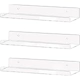 Weiai Clear Acrylic Shelf 15" Invisible Floating Wall Ledge Bookshelf, Kids Book Display Shelves Wall Mounted (15 Inch 3Pack)