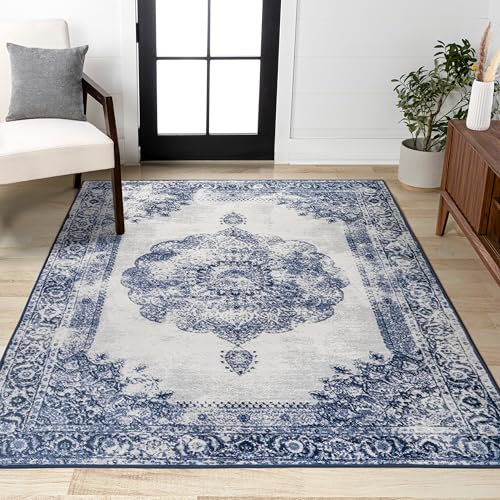 JONATHAN Y Rosalia Cottage Medallion Dark Blue/Ivory Indoor Area Rug, 5x8, Vint…