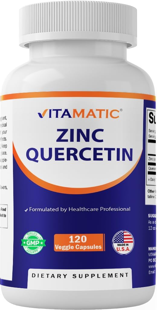Vitamatic Zinc Quercetin - 120 Vegetarian Capsules - Zinc as Zinc Citrate 30mg & Quercetin Dihydrate 500 mg per Serving - Immune Support