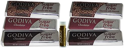 Godiva Chocolatier Sugar Free Chocolate Bar Assortment Pack of 6 (2 of each bar) - Milk Chocolate, Milk Chocolate w/ Almonds &amp; Dark Chocolate w/ a Jarosa Bee Organic Chocolate Bliss Lip Balm