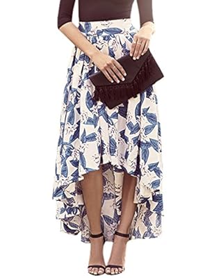 Zeagoo Women's High Low Floral Print Bohemian Pleated Style Casual Maxi Long Skirt with Tied Belt