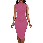 WanMem Womens Summer Sleeveless Bodycon Work Dresses for Women Tie Neck Ruched Pencil Midi Dress