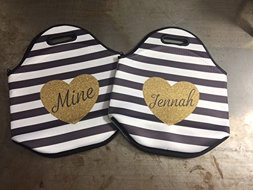 Insulated Lunch Bag for Women Insulated and Fashionable Stripes with Personalized Gold Glitter Heart - Thumbnail 3